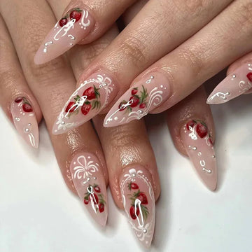 Daiiibabyyy  24pcs Wearable Nails Sets Press on Bow Rhinestone Design Almond Fake Nails Tips Flower Pink Long Nail Art Finished False Nail